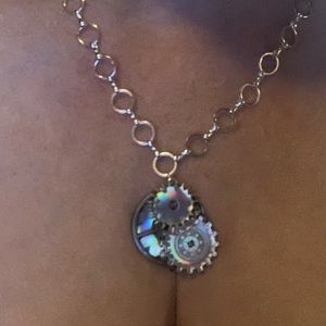 Silver Metal Gears Overlayed with Holographic Gear Decals Resin Glued Necklace